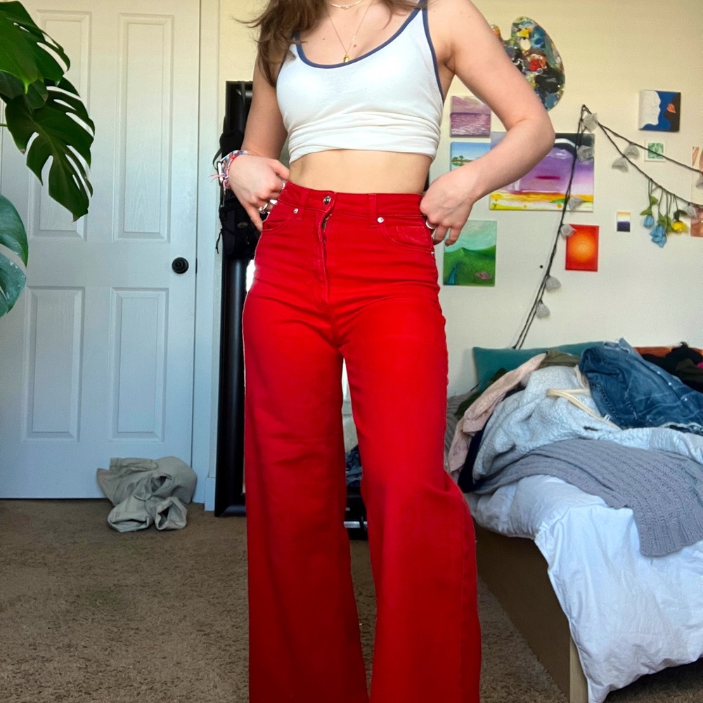 High waisted red denim wide leg pants! Hardly worn, great fit accentuates curves
